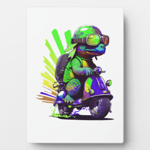 Grappige Kleurrijke Schildpad Op Een Scooter Kopie Fotoplaat