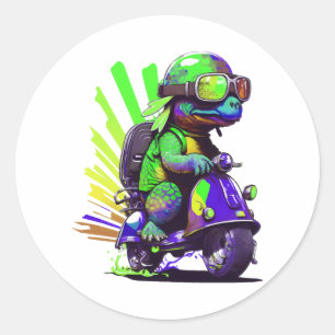 Grappige kleurrijke schildpad op een scooter ronde sticker
