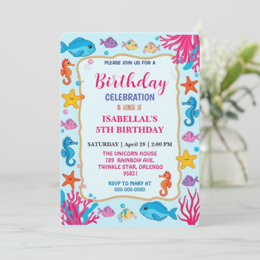 Grappige kleurrijke zeepaardster verjaardagsfeestj save the date (Staand voorkant)