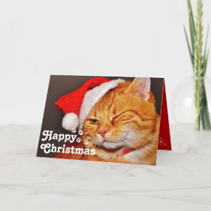 Grappige Knipogende Kat Kerstman & Gelukkig Kerstm Kaart