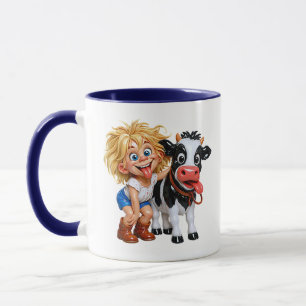 Grappige Koe Cartoon Meisje Steekt Tong Uit Schatt Mok