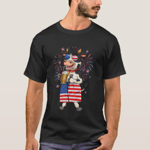 Grappige Koe die Bier Drinkt USA Amerikaanse Vlag T-shirt
