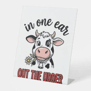 Grappige Koe In Een Oor Uit De Uier T-shirt Ontwer Reclamebord Met Voetstuk