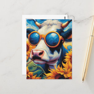 Grappige koe met zonnebril in een zonnebloemenveld briefkaart
