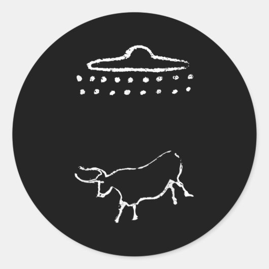 Grappige Koe of Steer Ufo Alien Oude Grotschilderi Ronde Sticker (Voorkant)