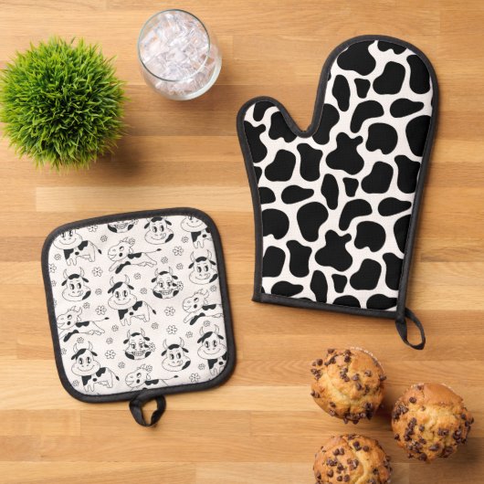 Grappige Koe Print en Gekke Bulls Ovenwant & Pannenlap Set (Top down)