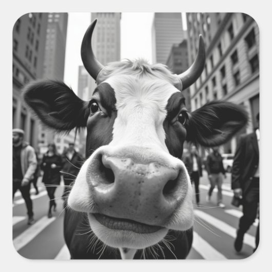 Grappige Koe Selfie op een drukke straat Vierkante Sticker (Voorkant)
