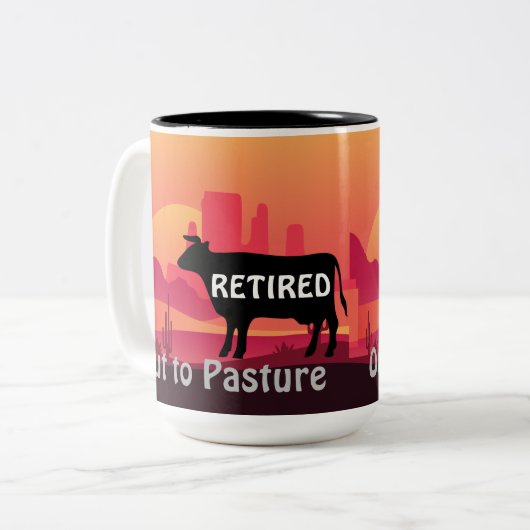 Grappige Koe Thema Western Pensioen Uitgevoerd naa Tweekleurige Koffiemok (Voorkant links)