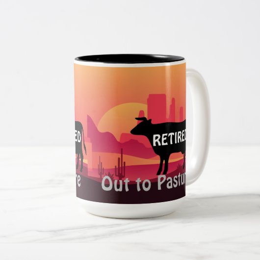 Grappige Koe Thema Western Pensioen Uitgevoerd naa Tweekleurige Koffiemok (Voorkant rechts)