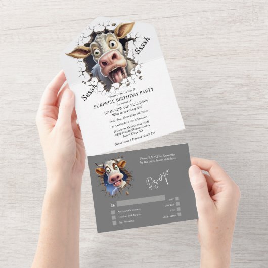 Grappige koe verrassingsfeestboeren boerderijdiere all in one uitnodiging (Afscheurbaar)