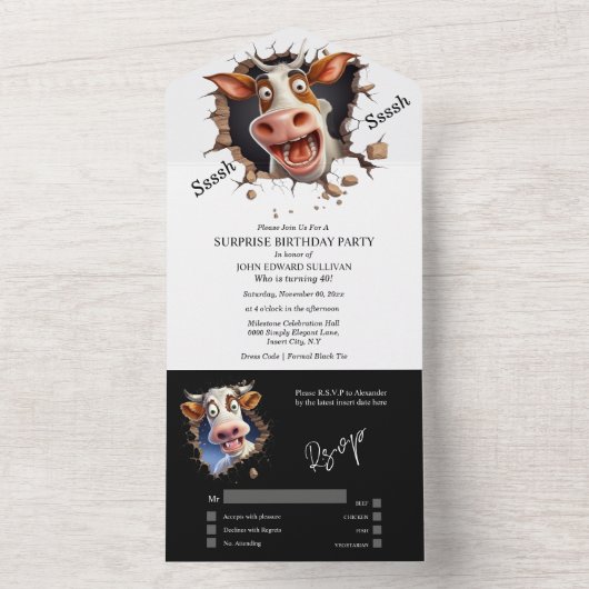 Grappige koe verrassingsfeestje pensioen afstudere all in one uitnodiging (Binnen)