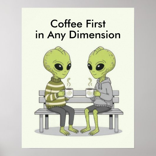 Grappige koffie en buitenaardse wezens poster (Voorkant)