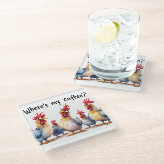 Grappige koffie/kippen glazen onderzetter (Schuin)