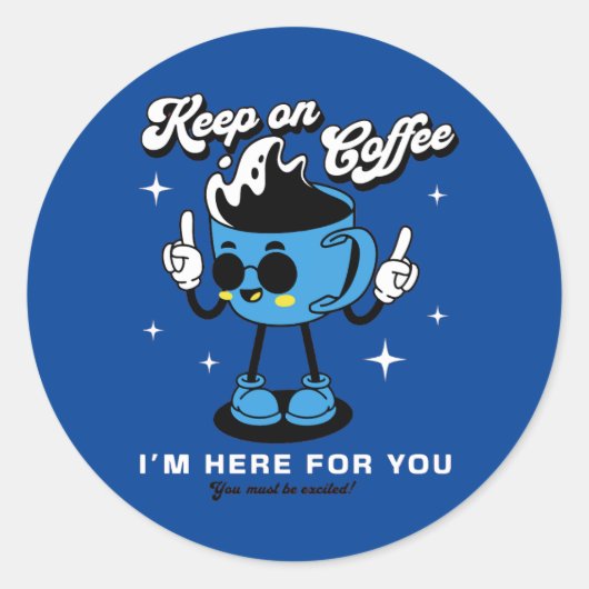 Grappige koffie retro mascotte -3 ronde sticker (Voorkant)