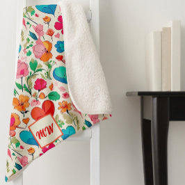 Grappige kokette, harten en bloemen monogram sherpa deken