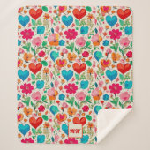 Grappige kokette, harten en bloemen monogram sherpa deken (Voorkant)