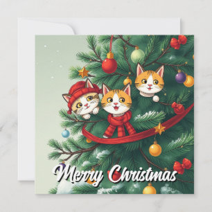 Grappige komische grillige kat vrolijke kerstboom feestdagenkaart