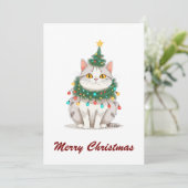 Grappige komische grillige kat vrolijke kerstboom feestdagenkaart (Staand voorkant)