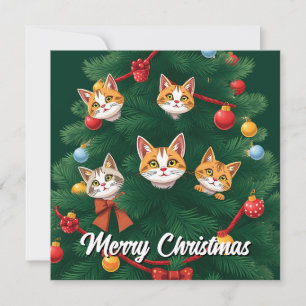 Grappige komische grillige kat vrolijke kerstboom feestdagenkaart