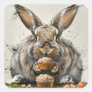 Grappige Konijn Verjaardag Cupcake Favor Vierkante Sticker