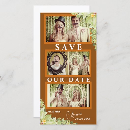 Grappige koppels snor fotostrip opslaan van de dat save the date (Voorkant / Achterkant)