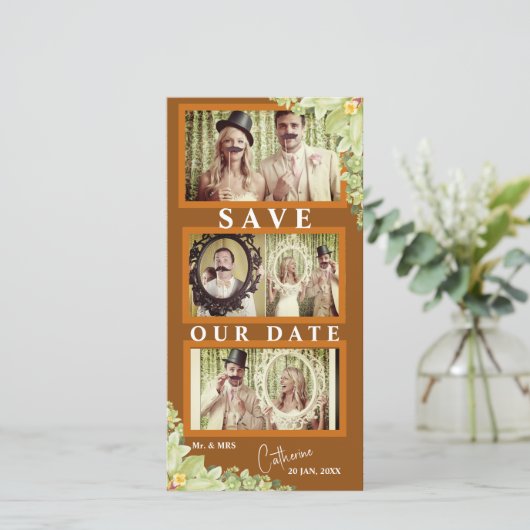 Grappige koppels snor fotostrip opslaan van de dat save the date (Staand voorkant)