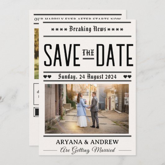 Grappige krant Bewaar de datums uitnodiging (Voorkant / Achterkant)