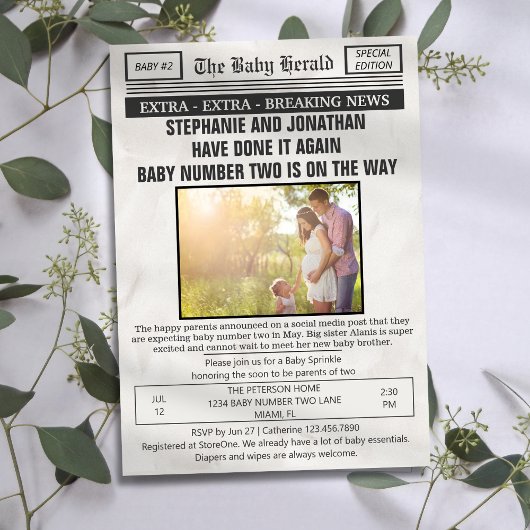 Grappige  krant Foto 2e Baby Sprinkle Kaart