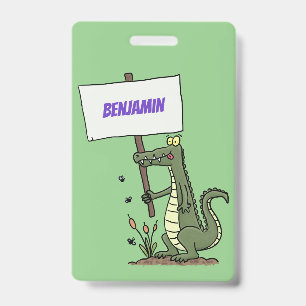 Grappige krokodil alligator met bord cartoon badge