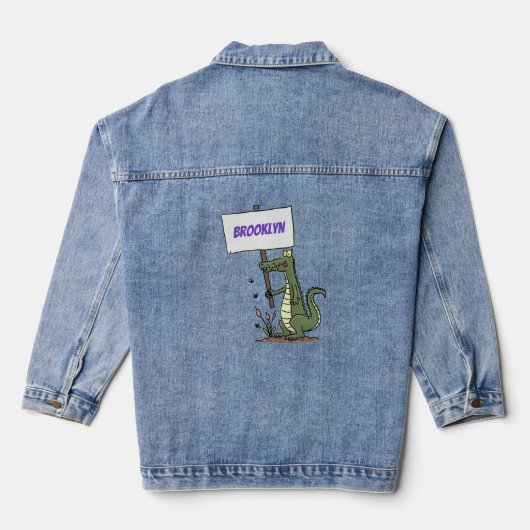 Grappige krokodil alligator met bord cartoon denim jacket (Achterkant)