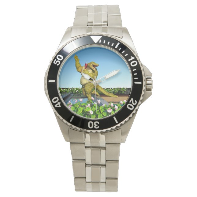 Grappige Krokodil Champagnetuinfeest Kunst Horloge (Voorkant)
