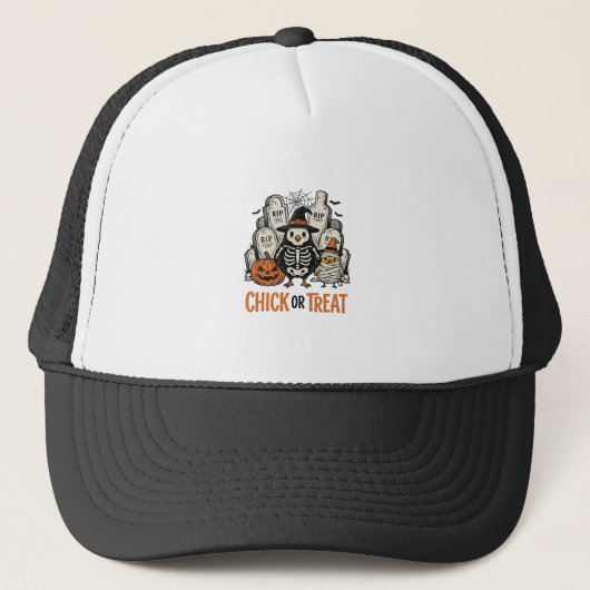 Grappige Kuiken Of Behandeling Halloween Kip Grafi Trucker Pet (Voorkant)