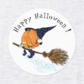 Grappige Labels met Halloween Heksenpompoen Vliege (Design 1)