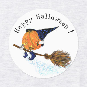 Grappige Labels met Halloween Heksenpompoen Vliege