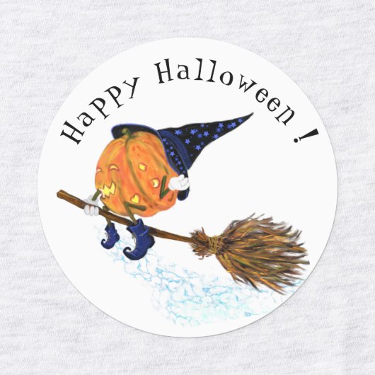 Grappige Labels met Halloween Heksenpompoen Vliege (Design 3)