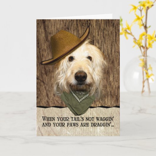 Grappige Labradoodle in Cowboy Pet Bandana Get Wel Kaart (Gele Bloem)