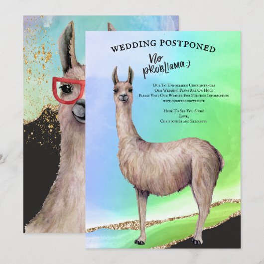 Grappige Lama Glitter Watercolor Huwelijk Uitgeste Kaart (Voorkant / Achterkant)