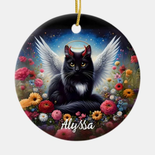 Grappige Lange Haired Black Demon en Angel Cat Keramisch Ornament (Voorkant)