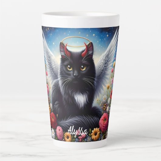 Grappige Lange Haired Black Demon en Angel Cat Latte Mok (Voorkant)