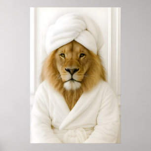 Grappige Leeuw Badkamer Print, Leeuw In Badjas Poster