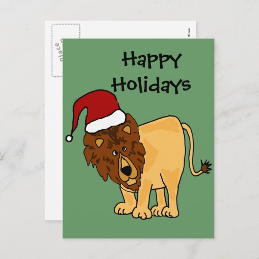 Grappige Leeuw in Santa Hat Kerst Cartoon Feestdagenkaart (Voorkant / Achterkant)