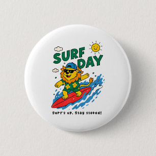 Grappige Leeuw Surft Zomer Vakantie Surf Dag Jonge Ronde Button 5,7 Cm