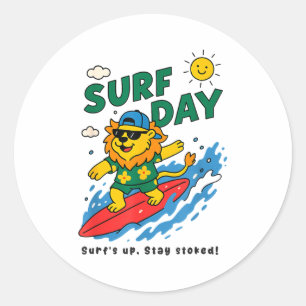 Grappige Leeuw Surft Zomer Vakantie Surf Dag Jonge Ronde Sticker