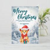 Grappige Leeuw Vrolijk Kerstboom sneeuw Vakantie f Feestdagenkaart (Staand voorkant)