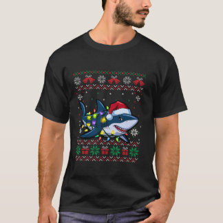Grappige Lelijke Kersthaai Kerstman Hoed Lichten X T-shirt