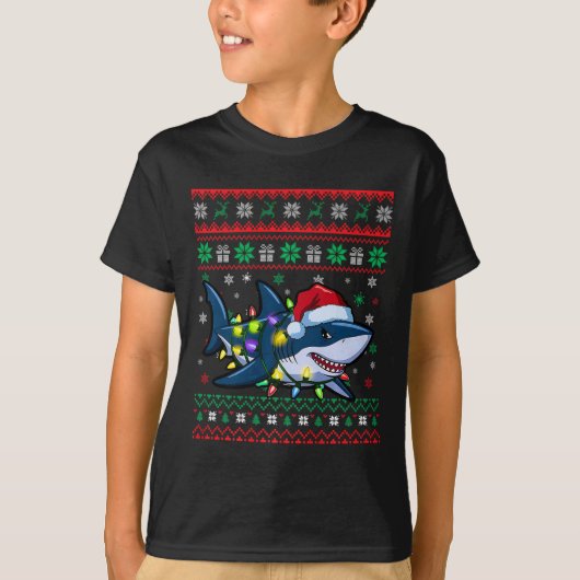 Grappige Lelijke Kersthaai Kerstman Hoed Lichten X T-shirt (Voorkant)
