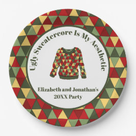 Grappige lelijke kersttrui rood groen goud papieren bordje