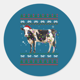 Grappige lelijke kersttrui Zuivelkoe boer lichten  Ronde Sticker