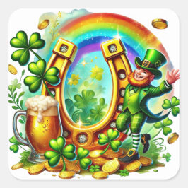 Grappige Leprechaun Hoefijzer Klaver Illustratie Vierkante Sticker