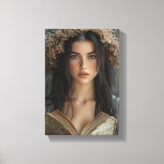 Grappige lezer met bloemenkroon canvas afdruk (Voorkant)